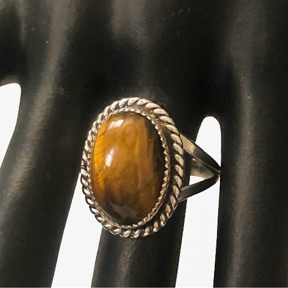 Native American Tigers Eye Sterling Silver Ring Sz 10-1/2